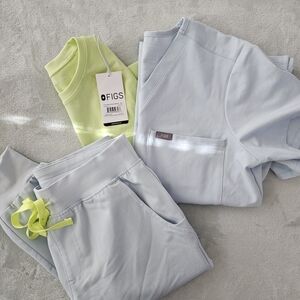Figs Light Blue Scrub Set with Neon Green Accents